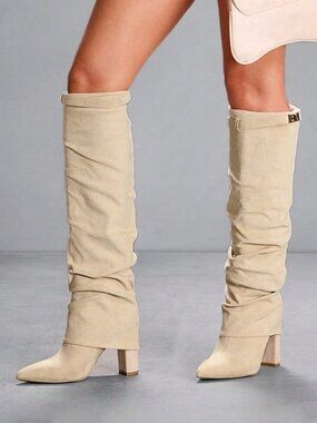 Beige Preppy Women's Pointed Toe Chunky Heel Knee-High Boots